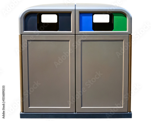 Public waste and recycling bins with colored slots on a transparent background