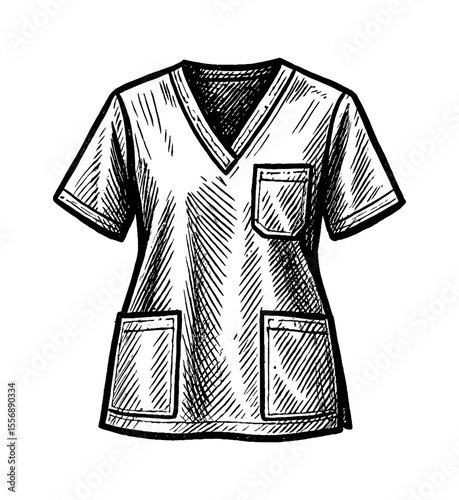 Illustration of a medical scrub top with short sleeves and pockets, black and white drawing
