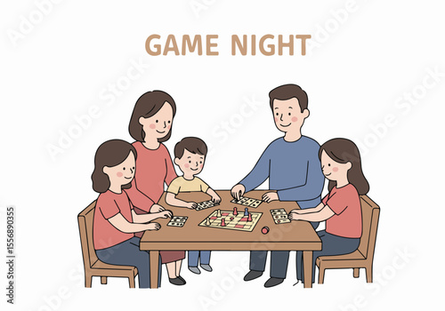 Happy Family Playing Board Game Together at Home During Game Night Illustration