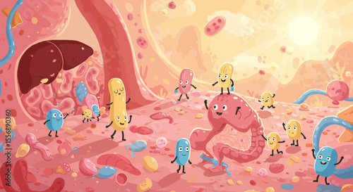 Playful illustration showcasing the human gut microbiome with cute bacterium characters