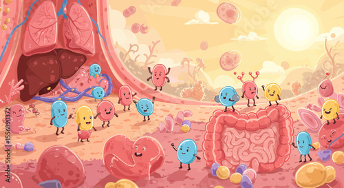 A Whimsical Cartoon Illustration of Human Organs with Anthropomorphic Cells Having Fun