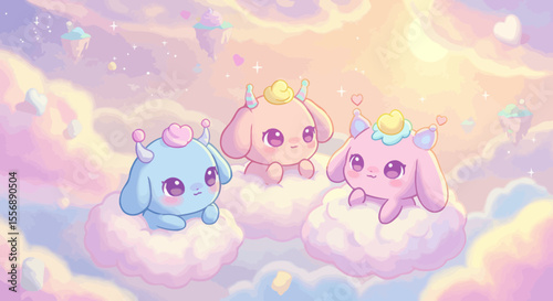 Kawaii Pastel Skyscape with Cute Cartoon Characters Floating on Clouds