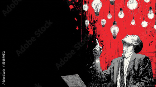 A striking line drawing collage set against a bold black background, featuring a business man confidently holding a laptop and pointing upward. Generative AI