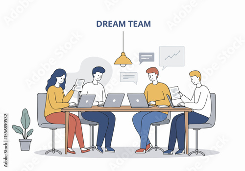 Dream Team Working Together in an Office Collaboration Illustration