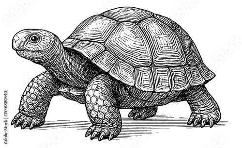 Detailed Black and White Engraving of a Walking Turtle with Shell in Side View