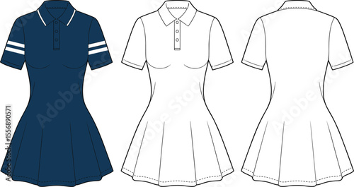  Women's sporty polo mini dress fashion flat technical drawing, front and back views, pleated skirt, athletic casual apparel vector illustration.