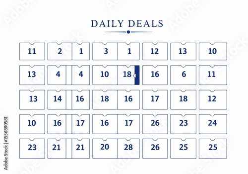 Abstract illustration of daily deals presented in a grid calendar format with numbers and a highlighted date.