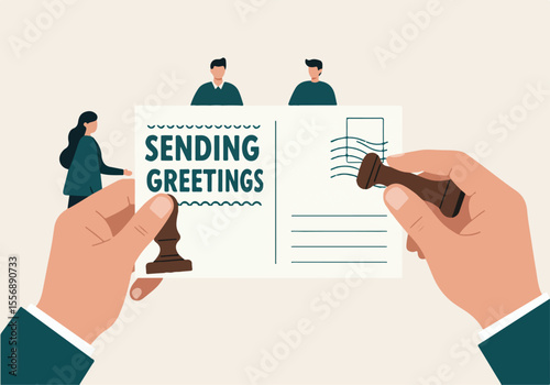 Hands Stamping a Postcard with "Sending Greetings" Illustration