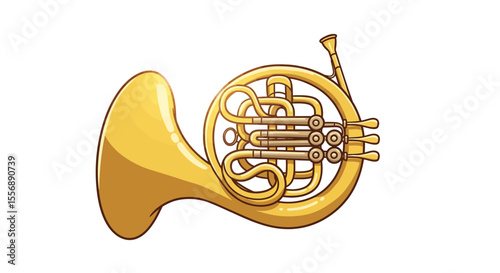 Isolated illustration of a golden french horn, classical musical instrument