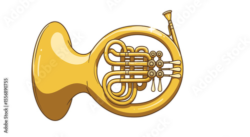 Cartoon illustration of a gleaming golden french horn on a white background