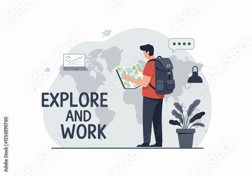 Illustration of a person with a backpack looking at a map, representing the concept of digital nomad or remote work lifestyle with the text 'EXPLORE AND WORK'.