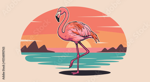 Elegant flamingo illustration against a vibrant sunset tropical backdrop design