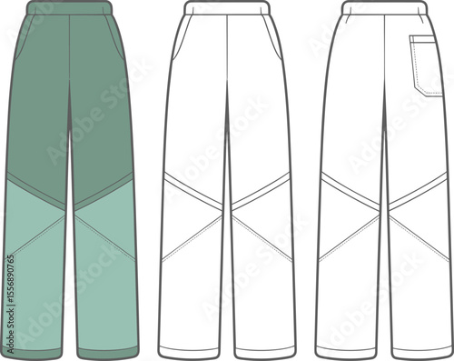 Unisex technical track pants fashion flat drawing, front and back views, color-blocked design, activewear and casual apparel vector illustration.