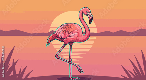 Cartoon flamingo illustration at sunset with a tropical atmosphere,vector art