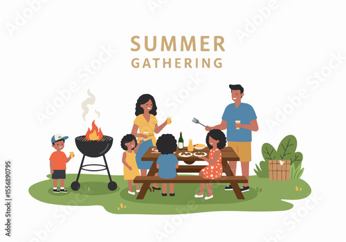 Happy family enjoying a summer gathering, having a picnic and barbecue outdoors.
