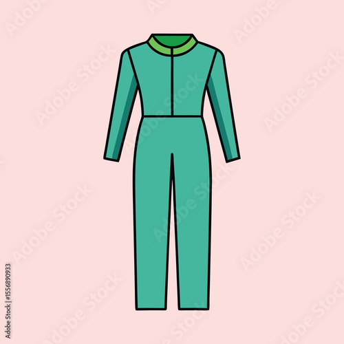Illustration of a stylish teal jumpsuit with long sleeves and a collar