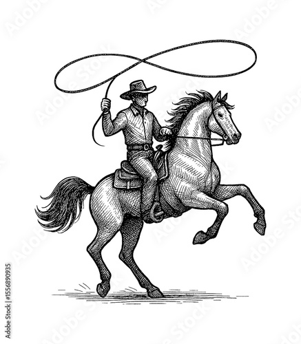 Cowboy riding a horse with lasso in hand, rearing up in vintage detailed black and white engraving