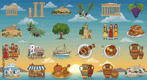 Vibrant depiction of greek culture landmarks cuisine people and iconic elements