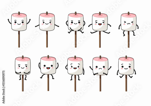 Collection of cute marshmallow cartoon characters on sticks showing various funny expressions and poses