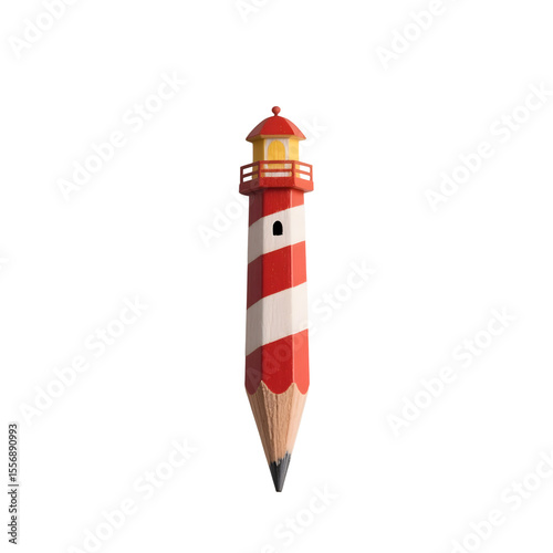 Red and white lighthouse pencil isolated on transparent background