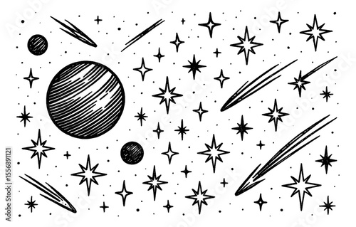 Detailed Hand Drawn Illustration of Stars, Comets and Planets on White Background