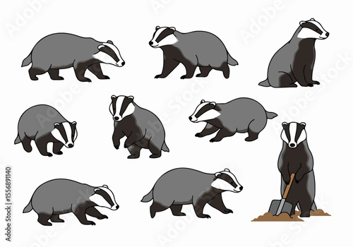 Collection of Cute Cartoon Badger Illustrations in Various Poses, Including Digging with a Shovel