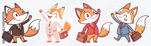 Cute cartoon foxes in business suits with briefcases, colorful funny animal vector for t-shirt design.