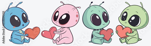 Adorable cartoon aliens holding hearts, Valentine's Day, sci-fi nursery art, and cute extraterrestrial vector collections.
