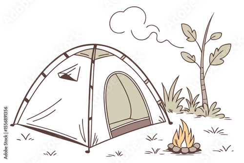 Campground Scene with Tent and Burning Fire