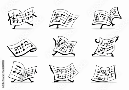 Collection of funny cartoon sheet music characters running and dancing, a whimsical illustration of musical notes coming to life.