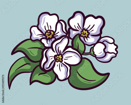 Handdrawn Jasmine Flower Arrangement with Leaves and Stems Illustration