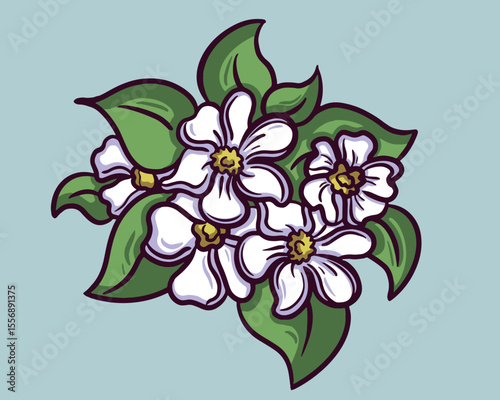 Handdrawn Jasmine Flower Arrangement with Leaves and Stems Illustration