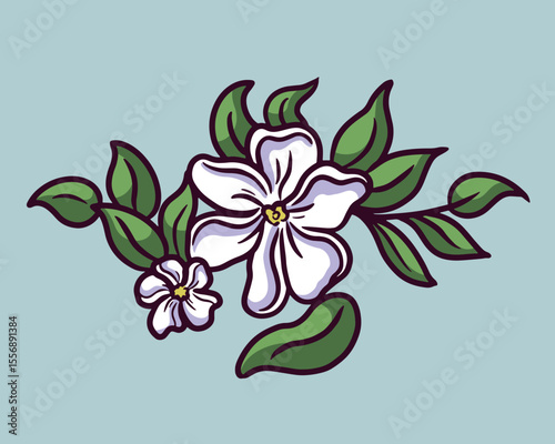 Handdrawn Jasmine Flower Arrangement with Leaves and Stems Illustration