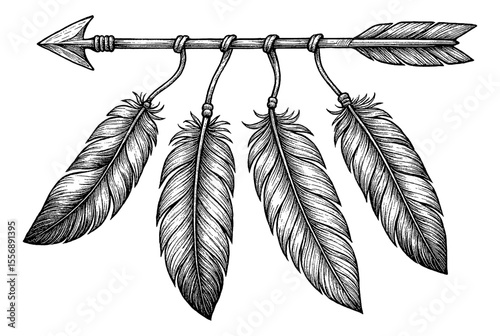 Arrow with Tied Feathers Hanging in Detailed Black and White Engraving Style