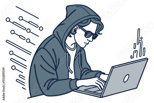 Hooded Hacker Typing Computer Vector Illustration