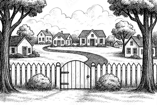 Hand Drawn Illustration of Houses in a Neighborhood with Trees and Fence in Black and White
