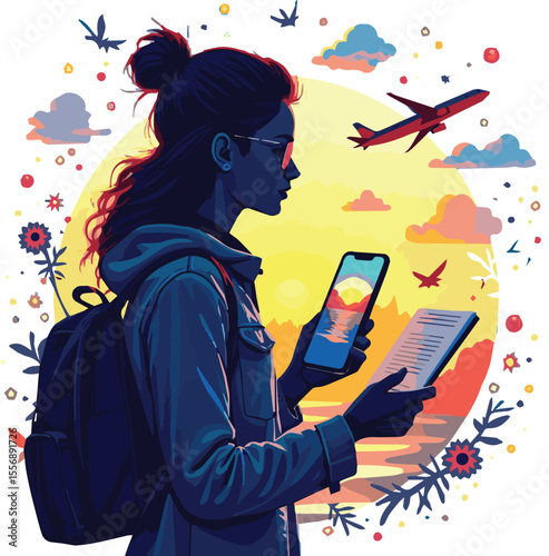 Travel blogger or social media influencer surrounded by iconic elements