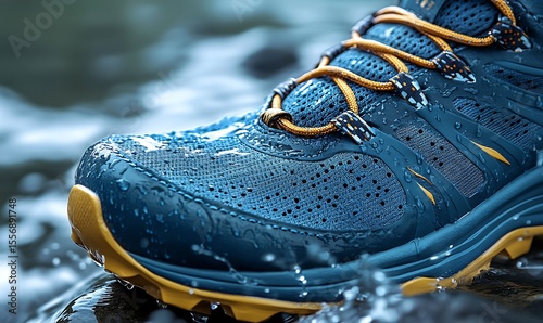 Close-up of water-resistant running shoes. Waterproof, durable, and supportive footwear, perfect for outdoor activities. Generative Ai