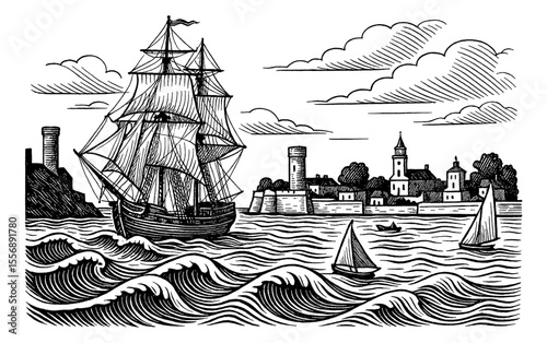 Engraving Illustration of a Large Sailing Ship on Wavy Water with Cityscape Background