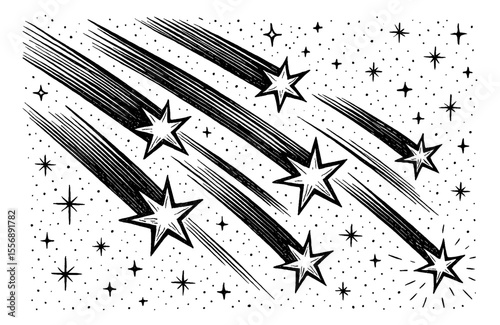 Shooting Stars with Trails and Stars Background in Hand Drawn Engraved Style