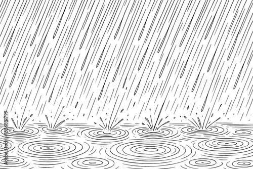Heavy Rain Falling with Water Droplets Splashing and Creating Ripples in Puddles Illustration