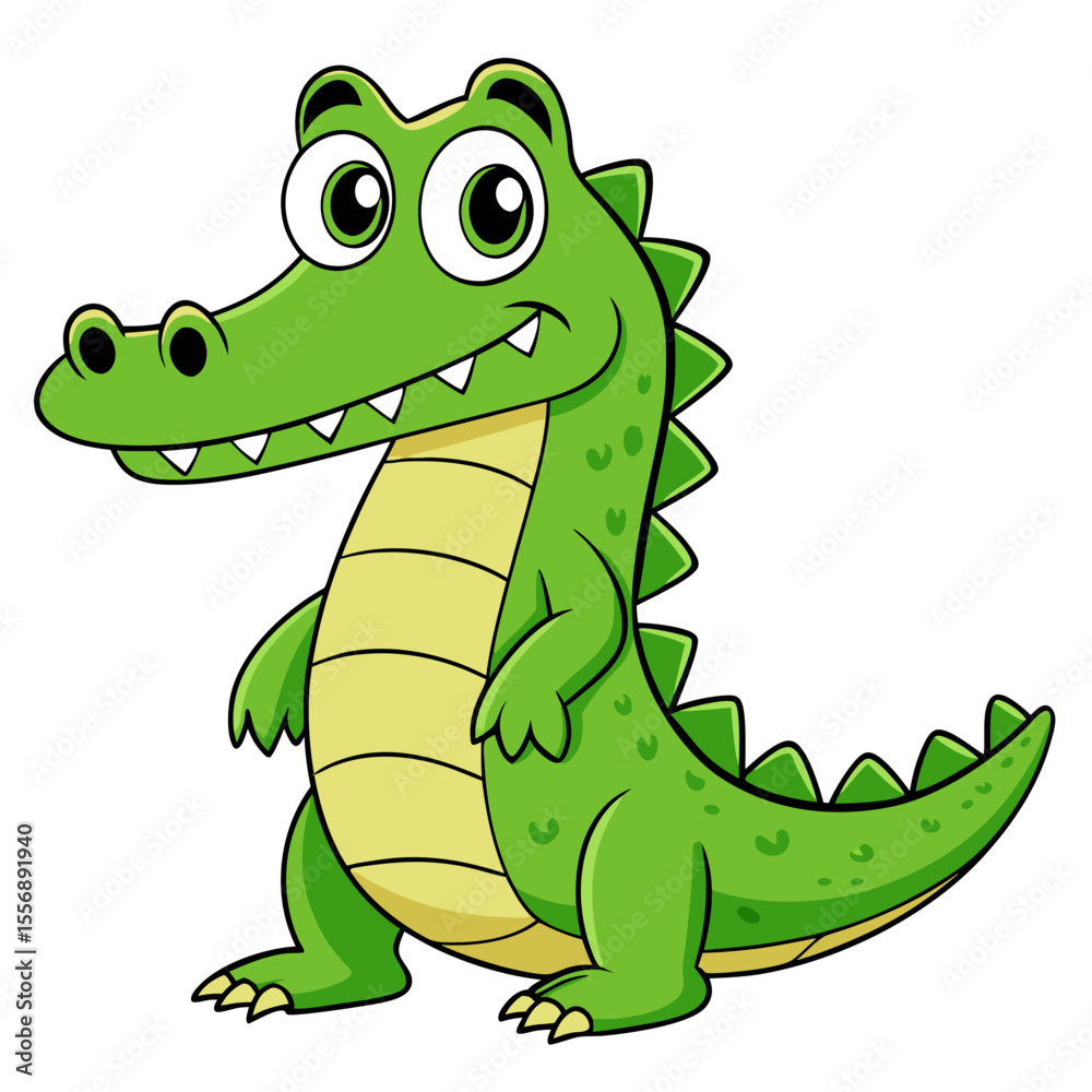 Obraz premium Happy green crocodile cartoon character, standing on two legs, smiling broadly, and showing its cute teeth. generative AI