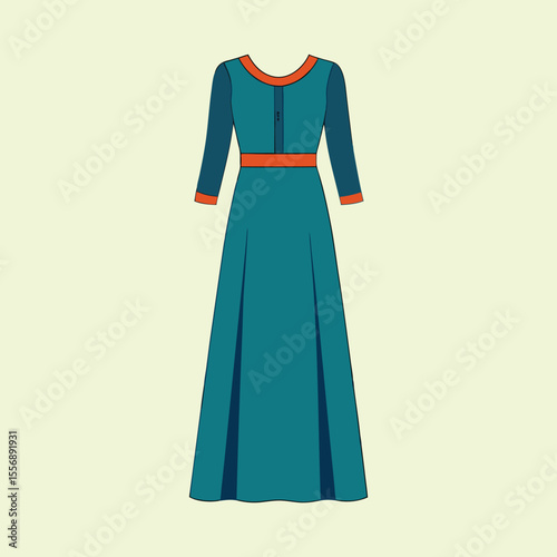 A Teal Maxi Dress with Long Sleeves and Orange Accents Illustration