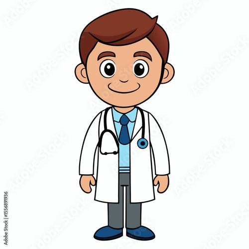Cartoon drawing of a young, smiling doctor wearing a lab coat and stethoscope on a crisp background. generative AI