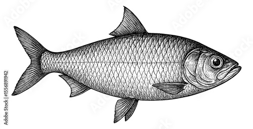 Detailed Engraving of a Tarpon Fish with Scales on White Background