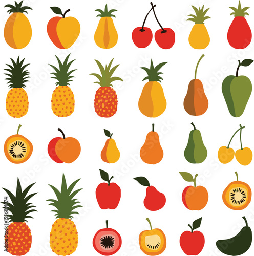 A vibrant collection of fresh and healthy fruits and berries, including apple, strawberry, orange, banana, cherry, pear, lemon, pineapple, plum, watermelon, grape, kiwi, and peach vector icons