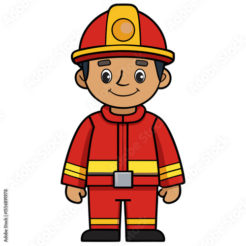 A cartoon depiction of a brave firefighter standing tall in their uniform, embodies dedication and readiness to serve in emergency situations. generative AI