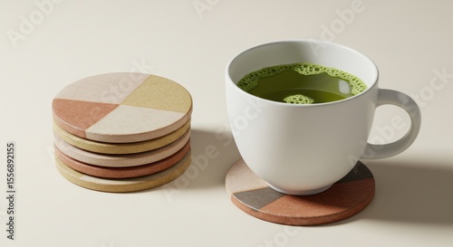 A stack of colorful coasters with a cup of matcha green tea