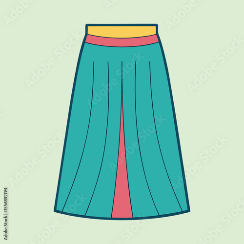Illustration of a colorful skirt, green background, yellow and red waistband