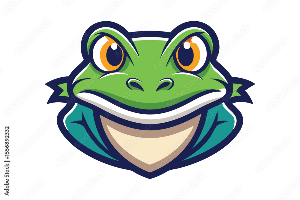 Obraz premium A green cartoon frog head smiles broadly with prominent yellow eyes looking forward